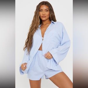 PrettyLittleThing Light Blue Pinstripe Woven Balloon Sleeve Oversized Shirt